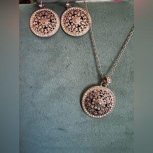 Filigree Round Pendant Necklace and Earrings Set - Rose Gold Tone